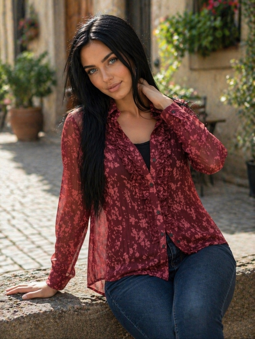 EUC NABI Size Large Art-to-Wear Crinkle Blouse Top Maroon Abstract Floral Print!